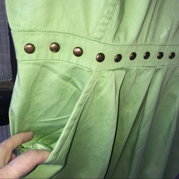 Sandra Darren dress, lime green with brass studs across waist, pockets on front - Picture 3 of 10